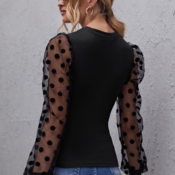Black sheer polka dots. puff long sleeve blouse - Picture 3 of 5